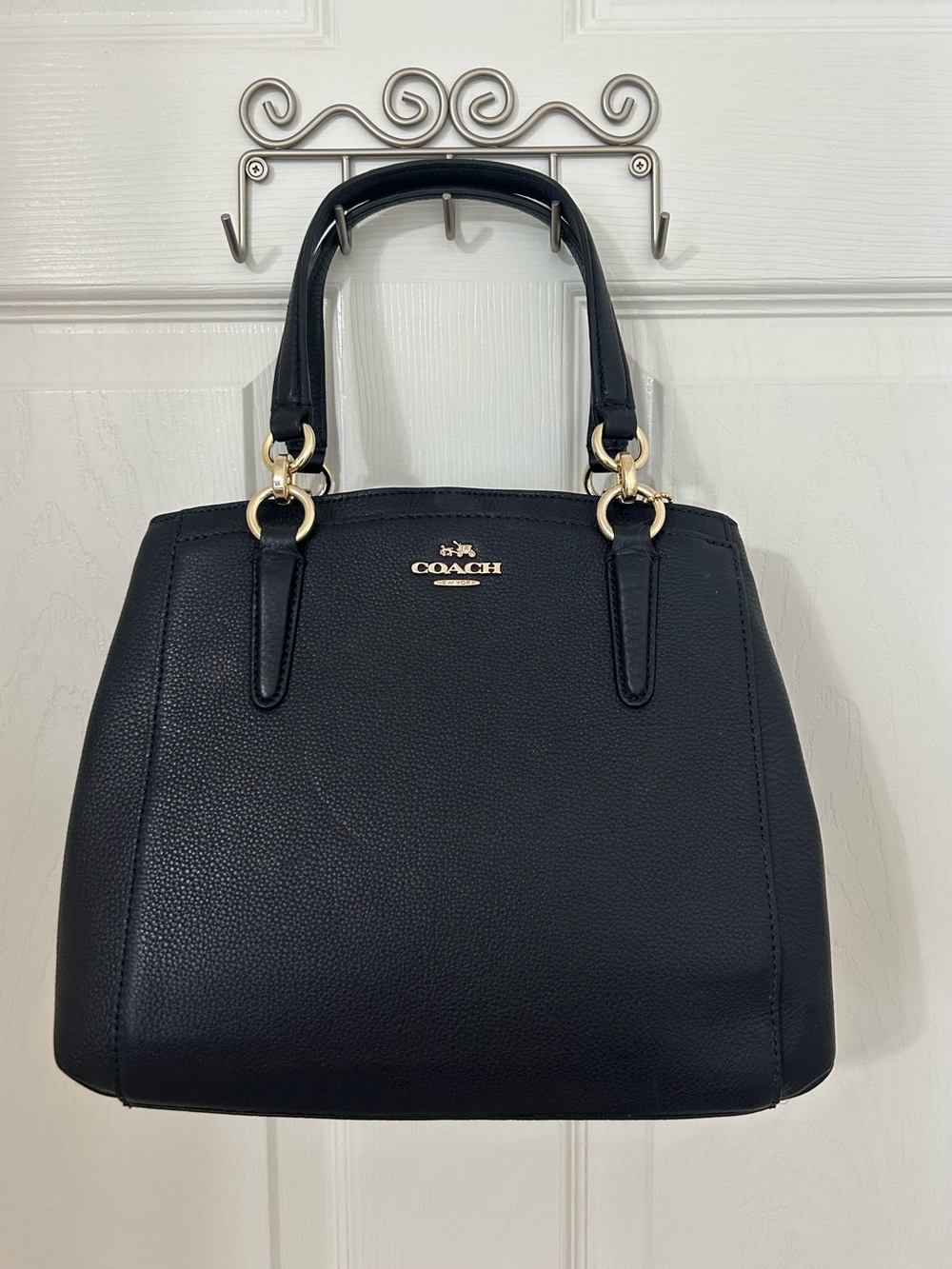 Coach Navy Pebbled Leather Structured Satchel with Gold Hardware. NWOT